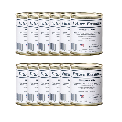 Set of vacuum-sealed tins containing a savory dehydrated blend of carrots, celery, and onion, crafted in the USA, perfect for pantry, emergency supplies, and Farm, Garden & Tool use.