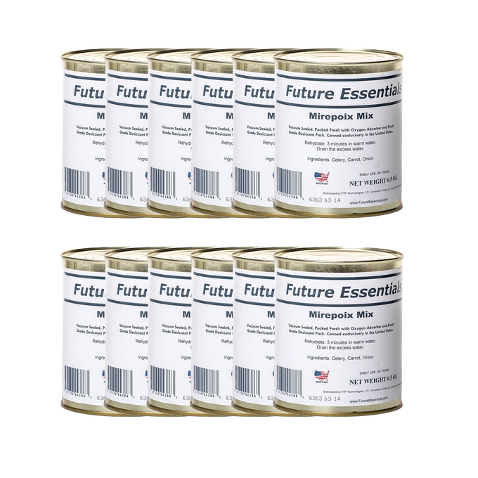 Set of vacuum-sealed tins containing a savory dehydrated blend of carrots, celery, and onion, crafted in the USA, perfect for pantry, emergency supplies, and Farm, Garden & Tool use.