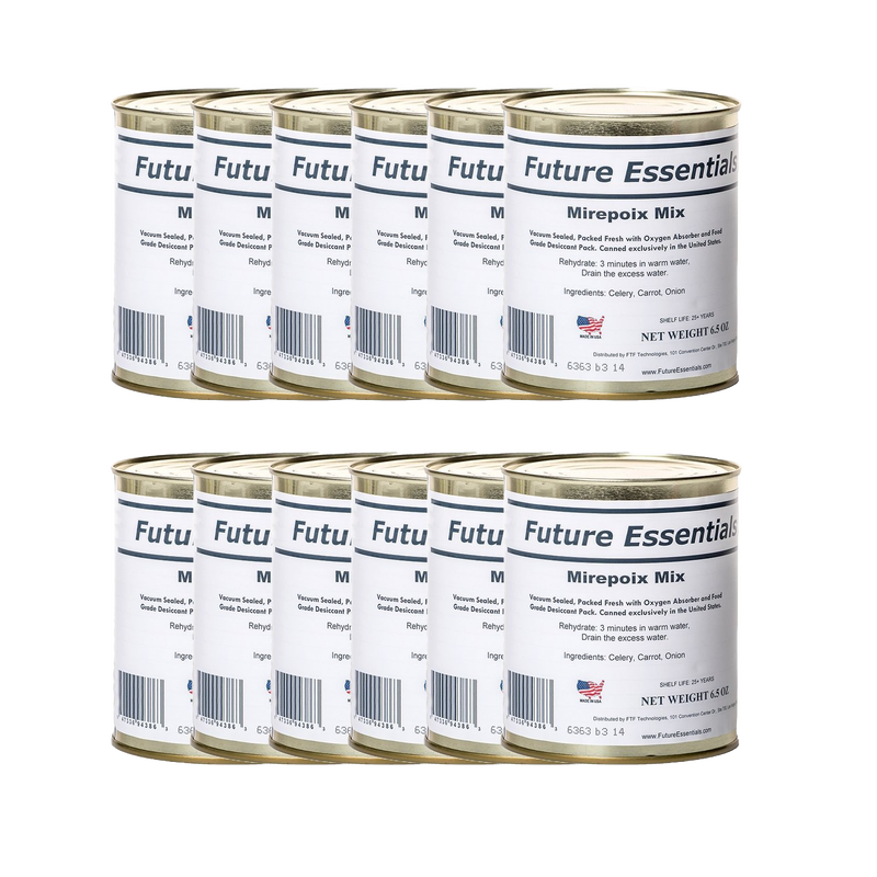Set of vacuum-sealed tins containing a savory dehydrated blend of carrots, celery, and onion, crafted in the USA, perfect for pantry, emergency supplies, and Farm, Garden & Tool use.