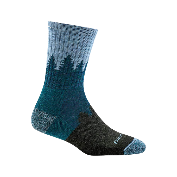 Midweight women's micro crew sock in shades of blue with a treeline pattern, handcrafted in the USA, ideal for Health & Wellness, Camping, Clothing, and Best Sellers collections.