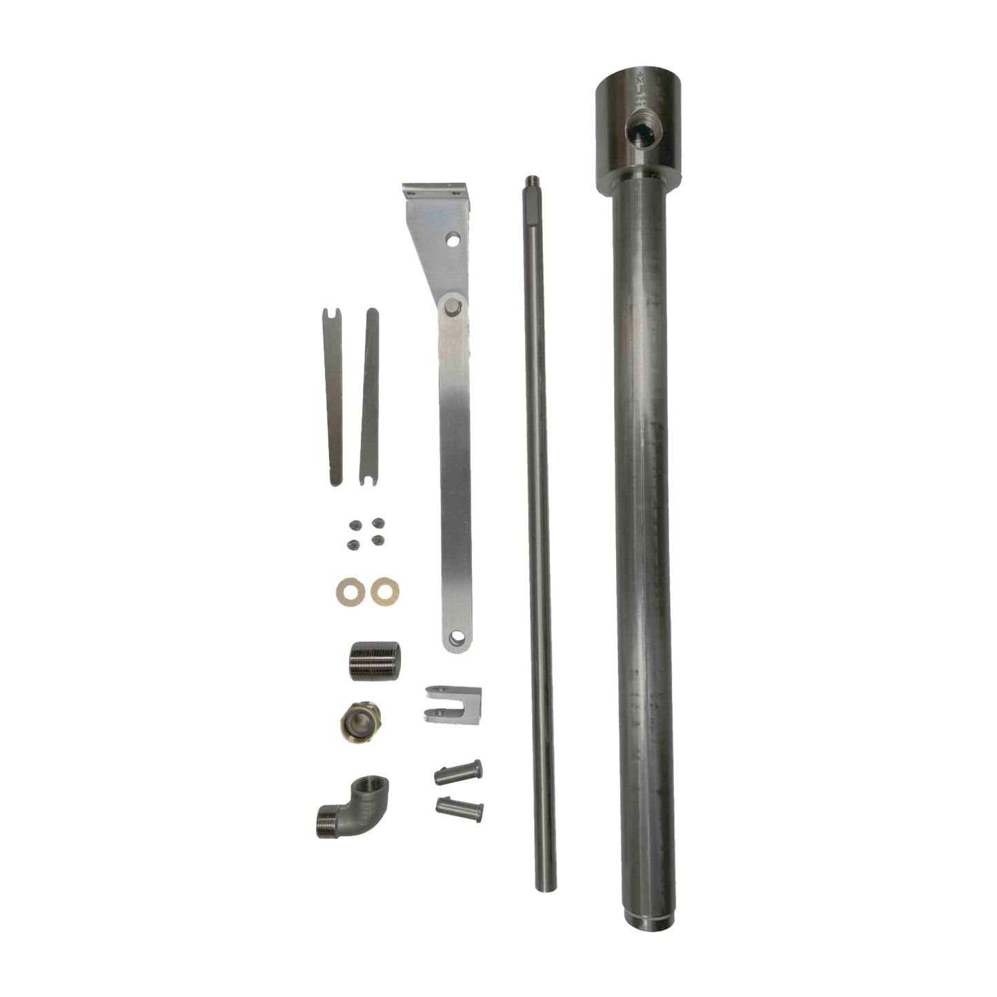 Set of metal components for a robust pitless water pump system, crafted in the USA, designed for durability and reliable deep well water access in appliances and water pump applications.
