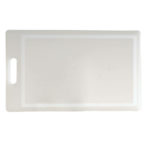 Durable high-density plastic cutting board with one grooved side to catch juices and a smooth side for versatile food prep, featuring a convenient handle, ideal for Kitchen & Food and Food Prep collections.