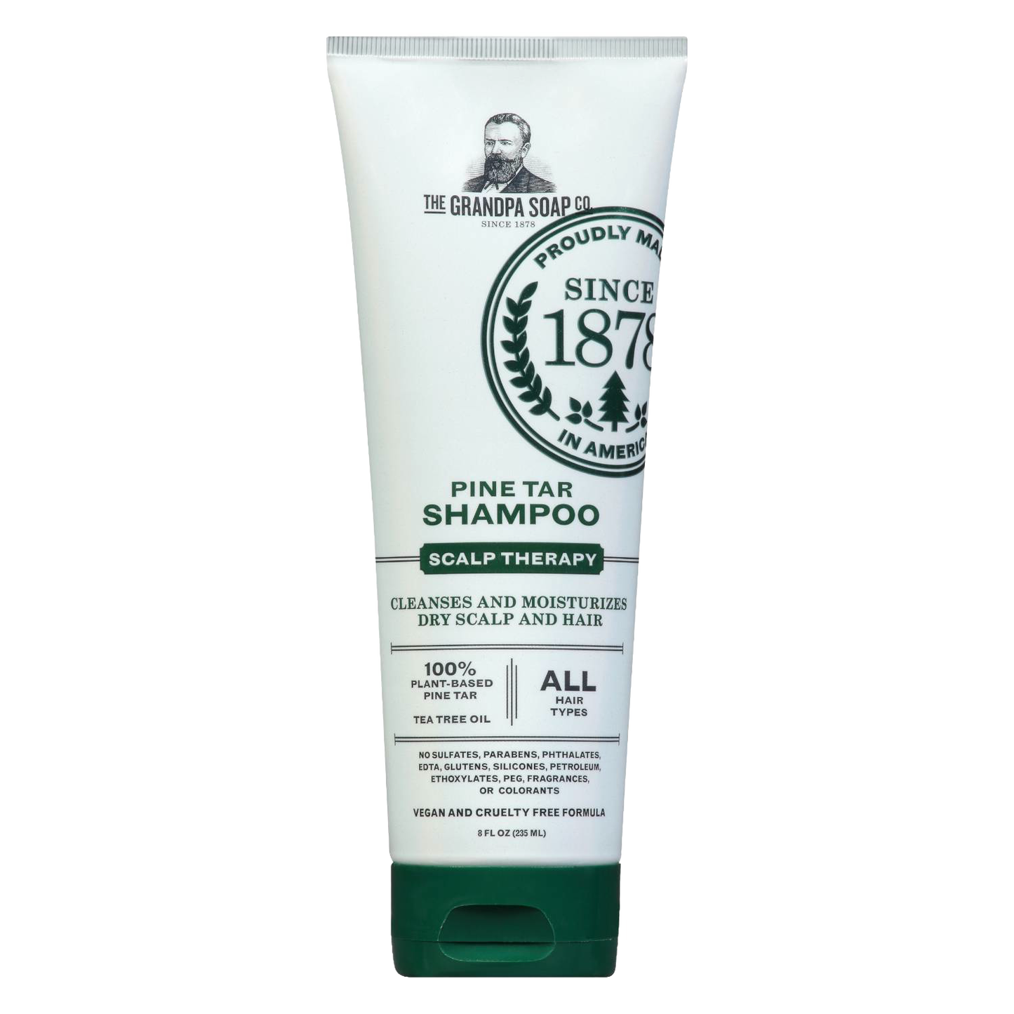Tube of handcrafted pine tar shampoo with tea tree oil, designed to cleanse and moisturize dry scalp and hair, suitable for all hair types, part of Health & Wellness and Grooming collections.