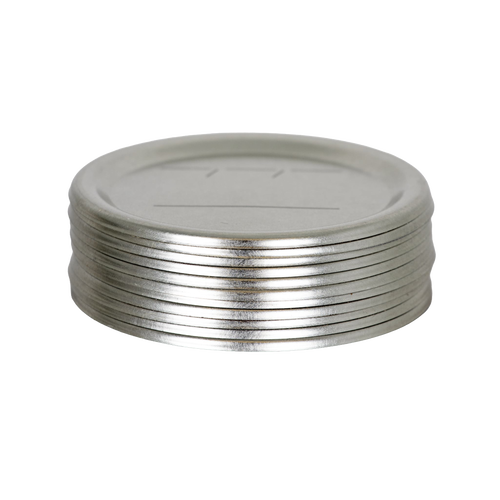 Stack of silver-toned metal canning lids with BPA-free sealing compound, designed for regular-mouth jars, suitable for Kitchen & Food, Food Preservation, Canning, and Best Sellers collections.