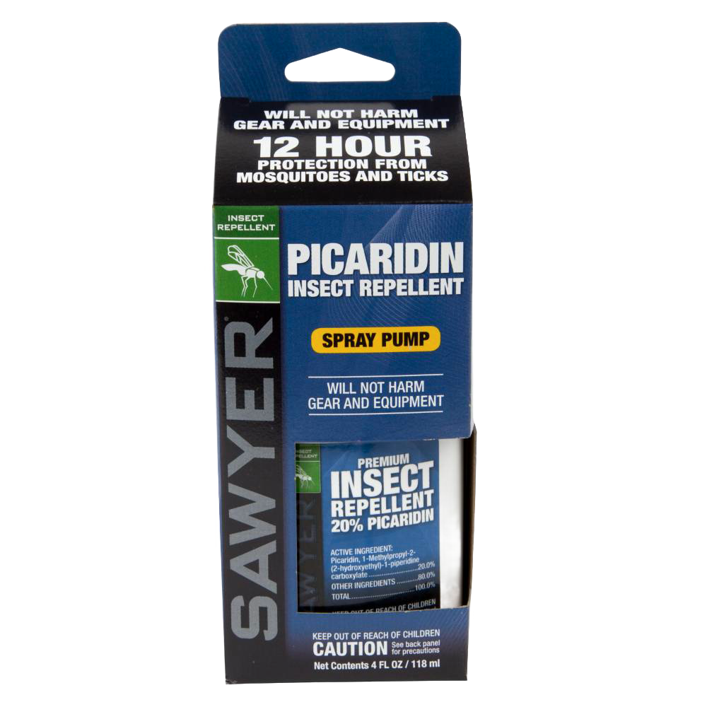 Blue and green labeled Sawyer Picaridin insect repellent spray pump offering 12-hour protection, designed for outdoor use in camping, farm, garden, and tool activities.