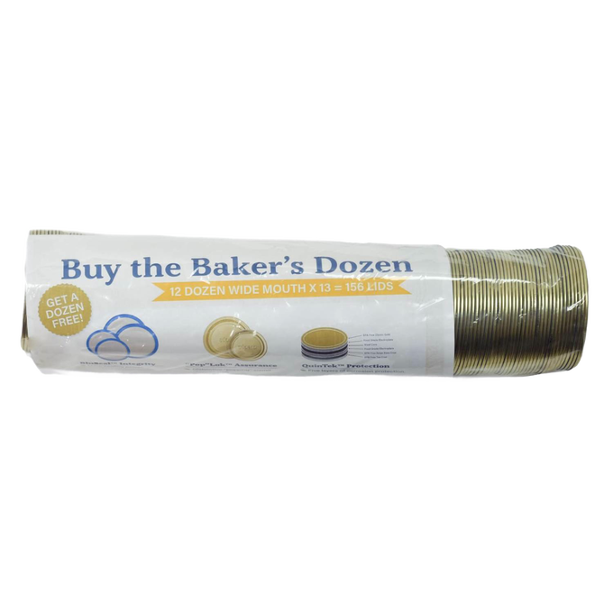 Stack of sealed wide-mouth metal canning jar lids in gold tone, packaged with promotional label offering extra dozen free, designed for secure food preservation in Kitchen & Food and Canning collections.