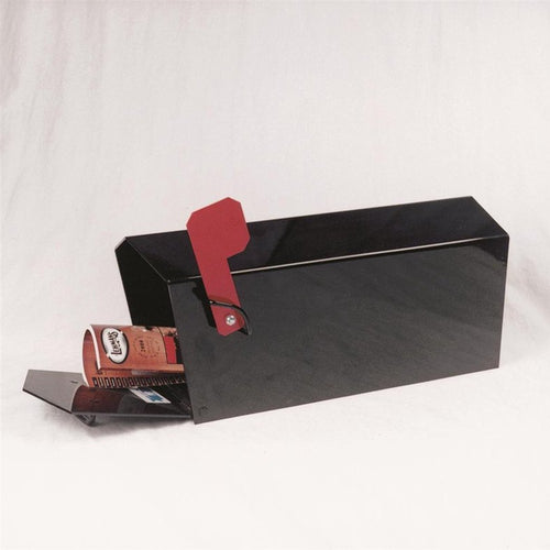Sturdy black steel mailbox with red flag, designed for durability and security, ideal for Home & Decor, Farm, Garden & Tool, and USA Made collections.