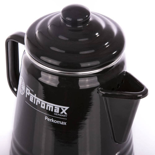 Black enameled steel percolator with lid and spout, designed for brewing coffee and tea, featured in Farm, Garden & Tool, Kitchen & Food, Camping, and Best Sellers collections.