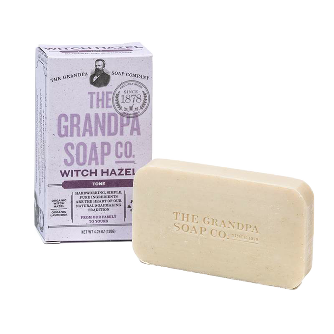 Bar soap bar and lavender-toned box from Grandpa's Soap Company, featuring handcrafted, natural ingredients with witch hazel for gentle daily skin care in Health & Wellness and Soaps collections.
