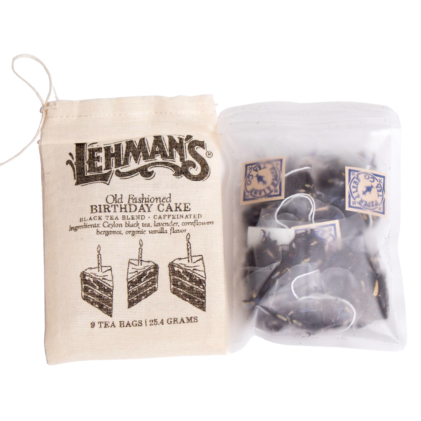 Cloth bag with vintage-style print and a clear resealable pouch holding handcrafted tea bags featuring a birthday cake flavored black tea blend, part of USA Made and Best Sellers collections.