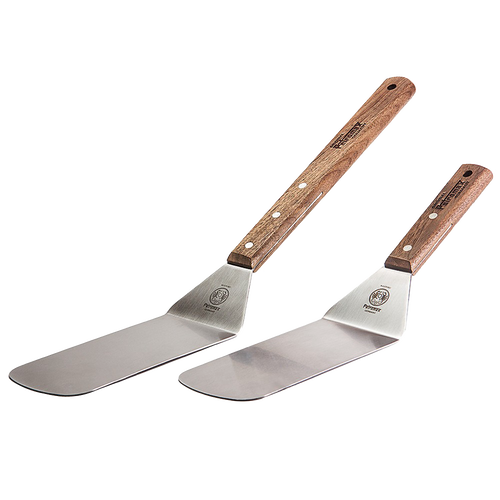 Two flexible spatulas with brushed stainless steel blades and smooth wooden handles secured with rivets, designed for cooking and grilling in Kitchen & Food and Kitchen Gadgets collections.