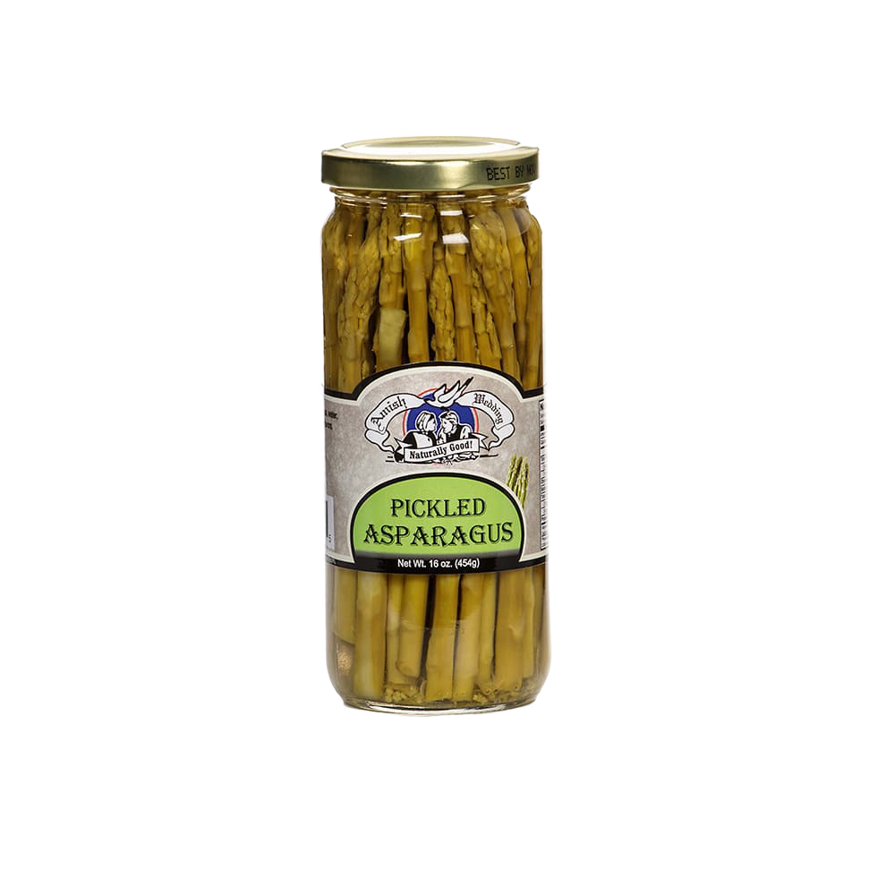 Glass jar of handcrafted pickled asparagus made in USA, perfect for Kitchen & Food, Pantry, and Best Sellers collections, showcasing wholesome Amish Country flavor.