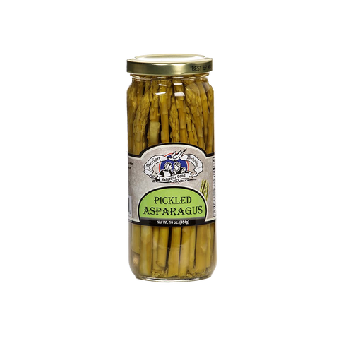Glass jar of handcrafted pickled asparagus made in USA, perfect for Kitchen & Food, Pantry, and Best Sellers collections, showcasing wholesome Amish Country flavor.