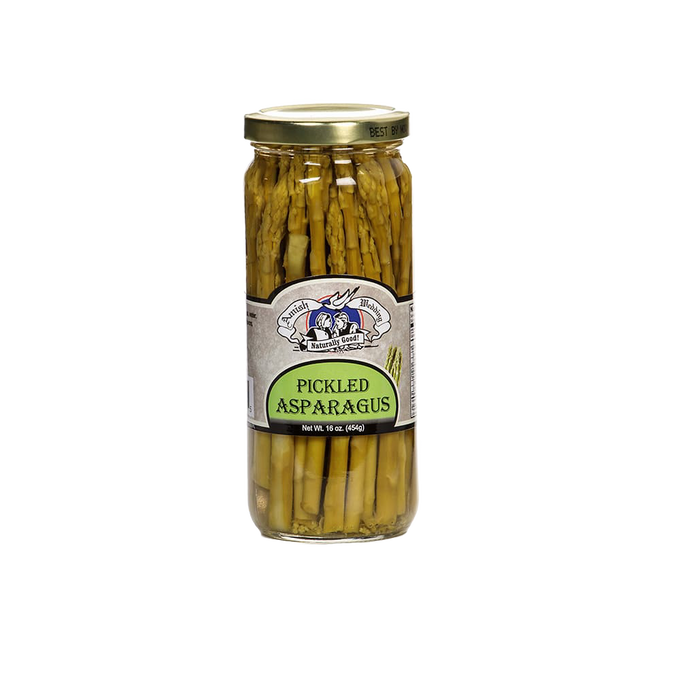 Glass jar of handcrafted pickled asparagus made in USA, perfect for Kitchen & Food, Pantry, and Best Sellers collections, showcasing wholesome Amish Country flavor.