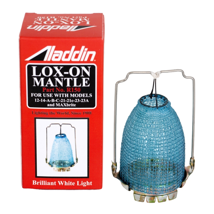 Blue mesh lamp mantle with metal frame for bright, clean light in popular Aladdin lamps, shown with red packaging, featured in Lamps & Lighting, Parts and Accessories, Wicks and Mantles, Best Sellers, and Promo Eligible collections.