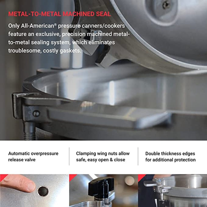 Close-up of the precision metal-to-metal machined seal on a heavy-duty pressure canner with clamping wing nuts, automatic overpressure release valve, and reinforced double-thickness edges for safe food preservation in Farm, Garden & Tool and Kitchen & Food collections.