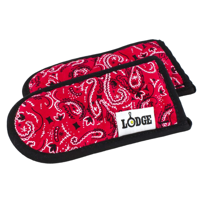 Set of two heavy-padded handle covers with red paisley pattern and black trim, designed to protect hands from heat up to 350°F, suitable for cast iron cookware in Kitchen & Food, Cookware, Cast Iron, Best Sellers, and Promo Eligible collections.