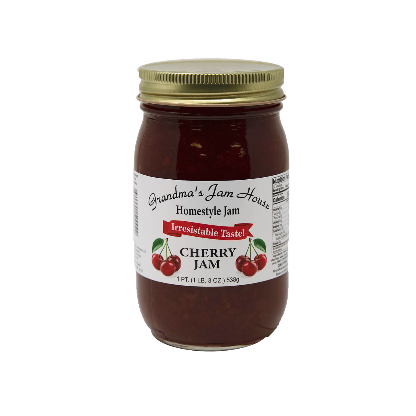 Handcrafted cherry jam in a glass jar with gold metal lid and white label featuring cherry illustrations and "Irresistable Taste" banner, made in USA, ideal for Kitchen & Food, Pantry, Peanut Butter & Jellies, USA Made, Best Sellers, and Promo Eligible collections.