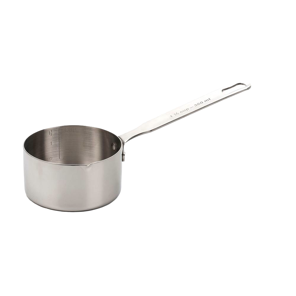 Heavy-duty stainless steel measuring pan with internal volume markings and a long handle, suitable for stovetop use and perfect for Kitchen & Food, Cookware, Baking Supplies, Food Prep, and Measuring collections.