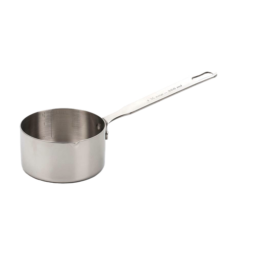 Heavy-duty stainless steel measuring pan with internal volume markings and a long handle, suitable for stovetop use and perfect for Kitchen & Food, Cookware, Baking Supplies, Food Prep, and Measuring collections.