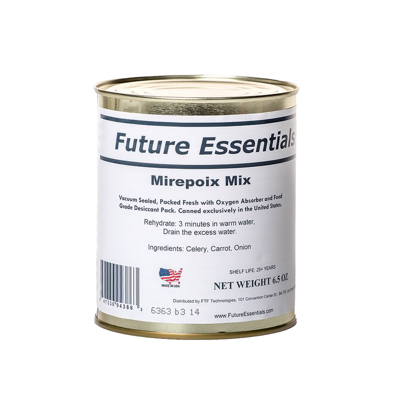 Canned dehydrated vegetable mix of celery, carrot, and onion with a 25+ year shelf life, made in USA, ideal for Farm, Garden & Tool, Pantry, Emergency Supplies, and Kitchen & Food collections.
