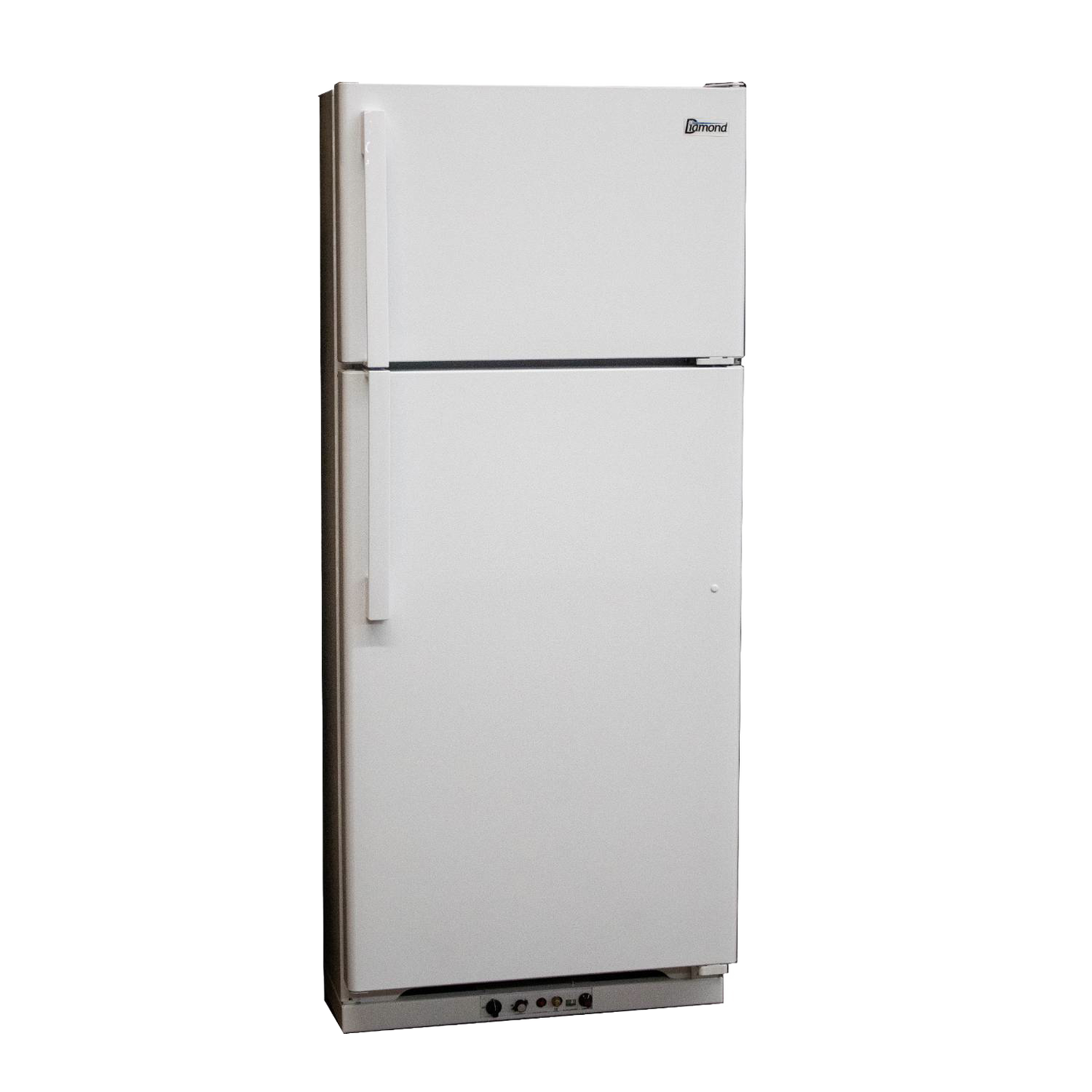 Tall white gas refrigerator with separate freezer compartment and bottom control panel, designed for efficient kitchen use and part of best-selling appliance collections.