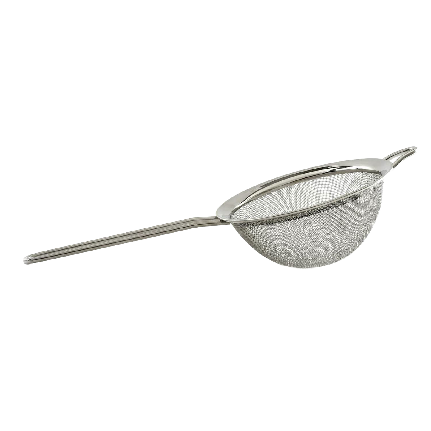 Stainless steel mesh strainer with fine screen, long handle, and support ring for resting on pots or bowls, essential for Kitchen & Food, Kitchen Gadgets, and Cooking and Baking Helpers collections.