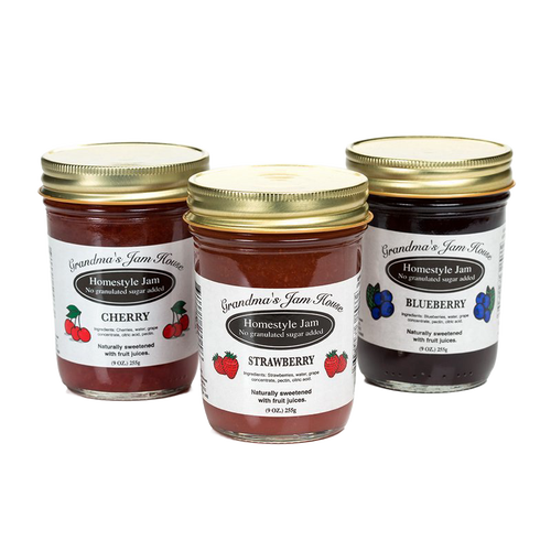 Set of three handcrafted no sugar added jams in cherry, strawberry, and blueberry flavors with gold lids, naturally sweetened and made in USA, ideal for Kitchen & Food, Food, Peanut Butter & Jellies, USA Made, Best Sellers, and Promo Eligible collections.