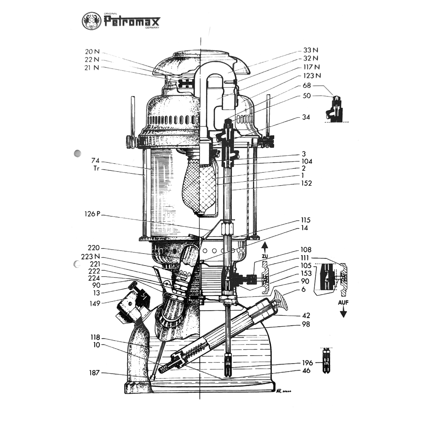 Detailed technical diagram of a Petromax lamp illustrating internal components and assembly, highlighting precision craftsmanship relevant to lamps and lighting parts and accessories collections.
