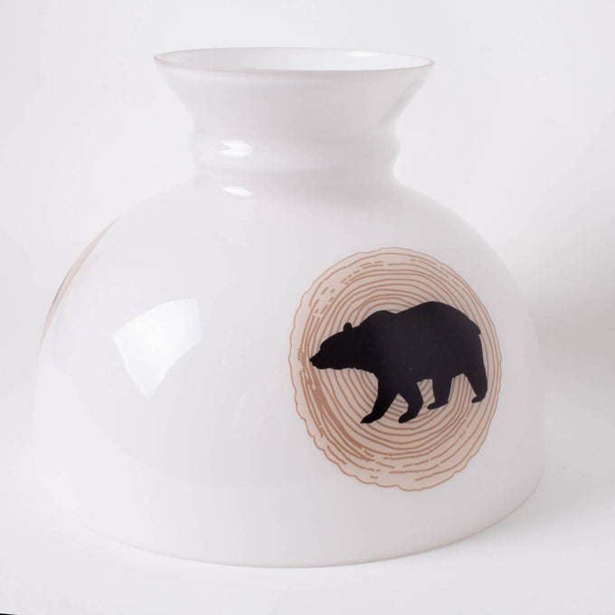 Unique handcrafted glass student lamp shade featuring a black bear silhouette set against a rustic wood grain circle, part of Lamps & Lighting, Parts and Accessories, Lamp Shades, Best Sellers, and Promo Eligible collections.