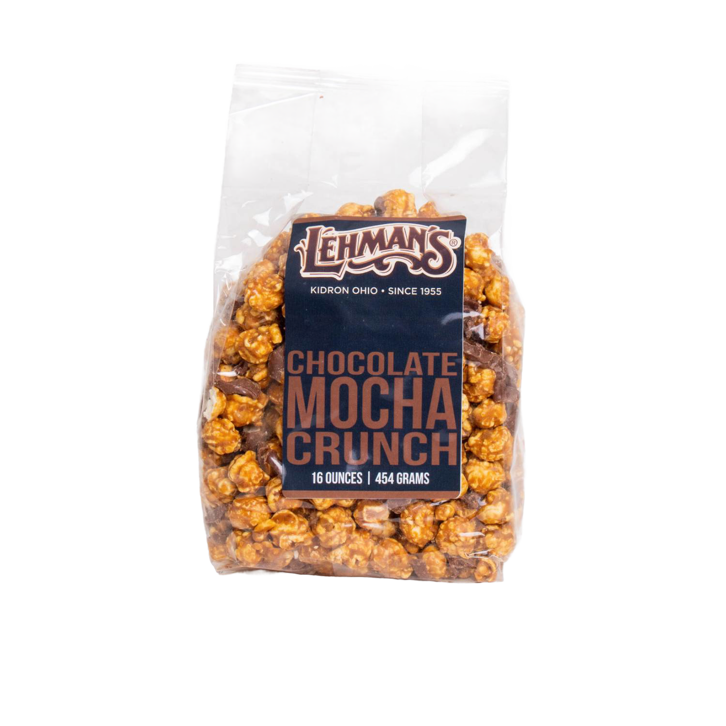 Clear bag of handcrafted caramel popcorn mixed with chocolate mocha pieces, a unique sweet and crunchy snack made in USA, ideal for Kitchen & Food, Snacks and Sweets, Popcorn, USA Made, and Best Sellers collections.