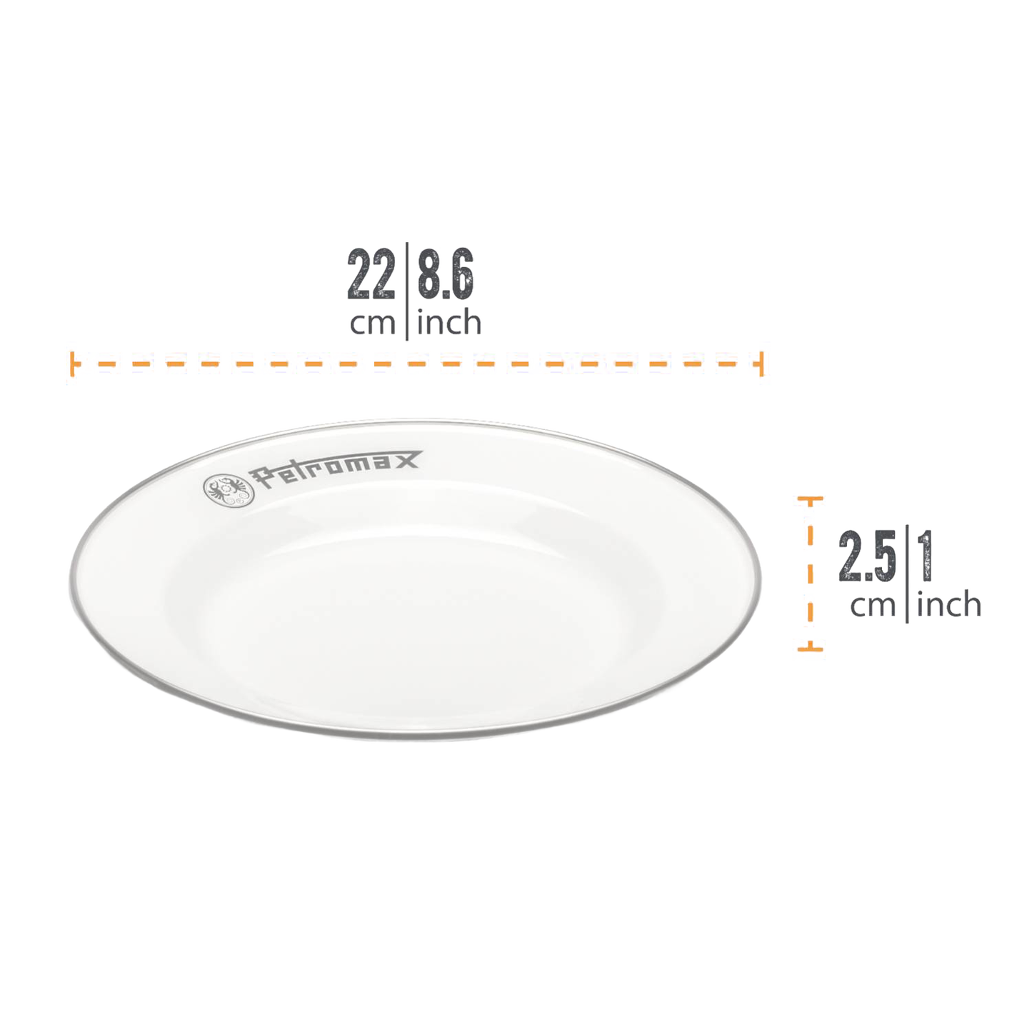 White enamel plate with black rim and Petromax logo, lightweight and heat-resistant, designed for Farm, Garden & Tool, Kitchen & Food, Camping, Dinnerware, Best Sellers, and Promo Eligible collections.