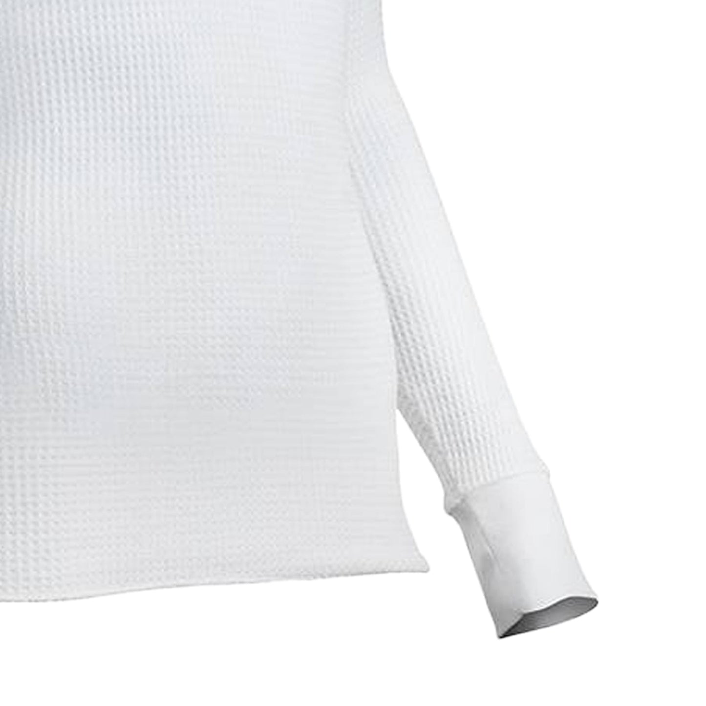 Close-up of handcrafted cotton-rich white thermal shirt with textured circular waffle knit pattern and cuffed sleeve, designed for warmth and comfort in Health & Wellness, Clothing and Accessories, Best Sellers, and Promo Eligible collections.
