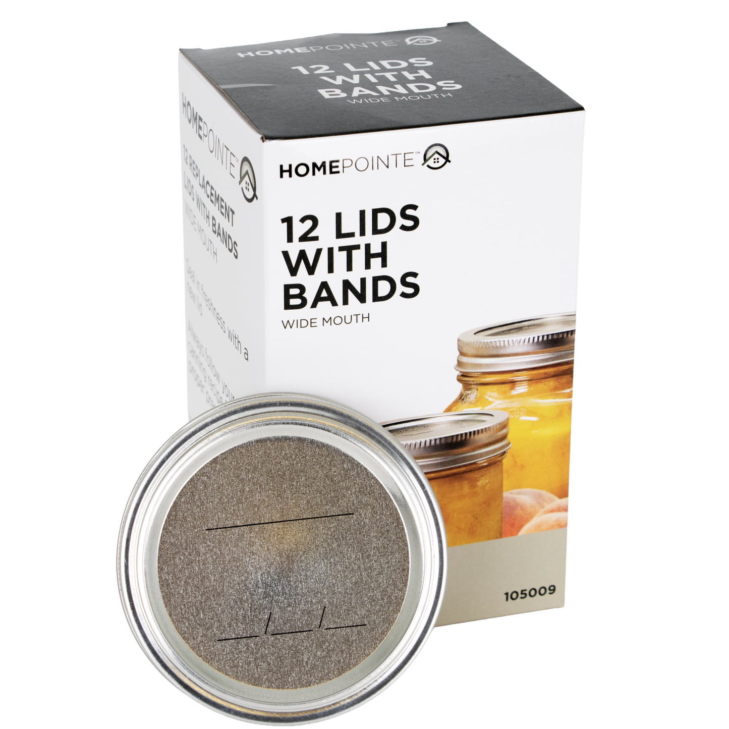 Box containing 12 wide-mouth metal lids and screw bands with BPA-free sealing compound, suitable for Kitchen & Food, Food Preservation, Canning, and Best Sellers collections.