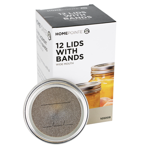 Box containing 12 wide-mouth metal lids and screw bands with BPA-free sealing compound, suitable for Kitchen & Food, Food Preservation, Canning, and Best Sellers collections.