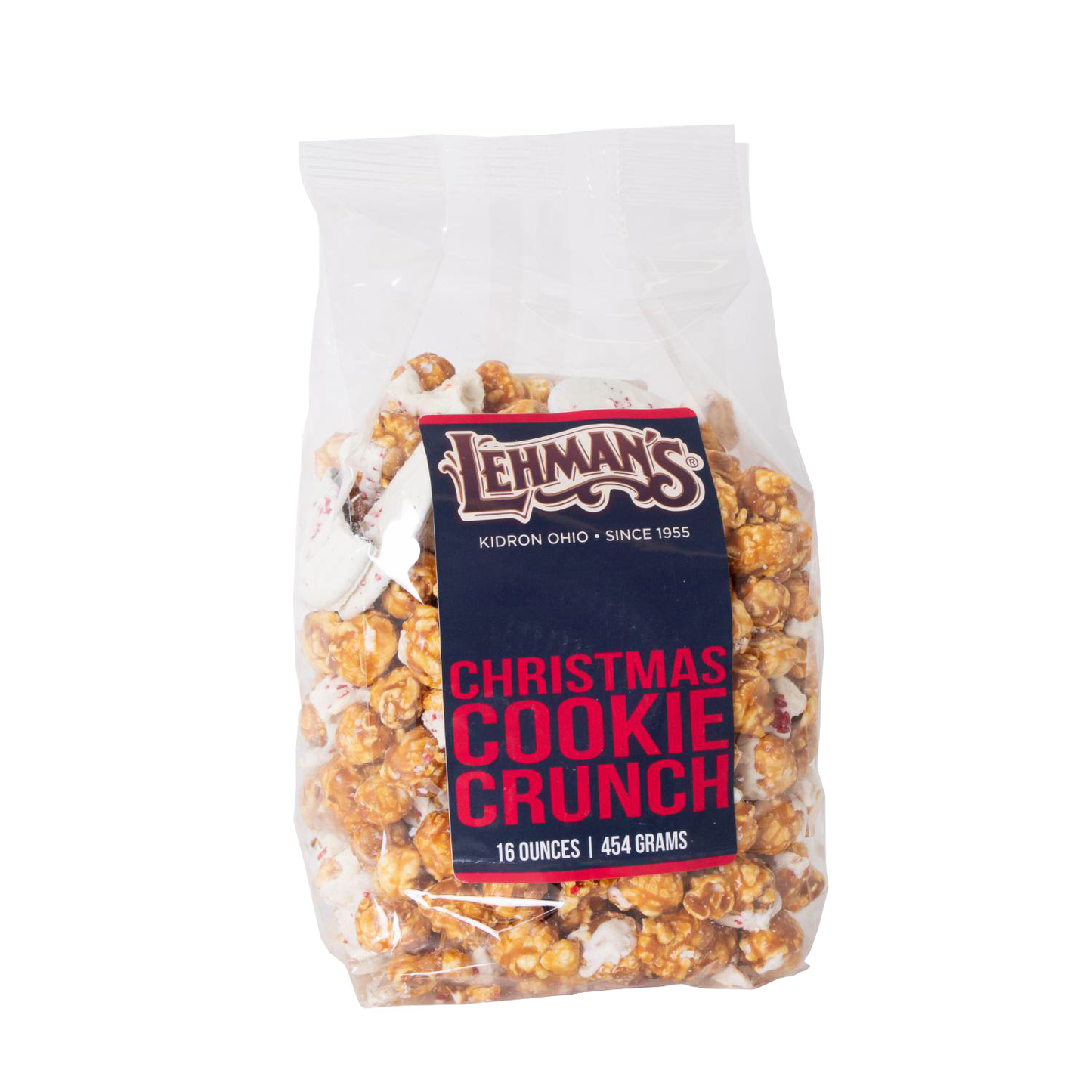 Clear plastic bag of handcrafted caramel popcorn mixed with festive holiday cookie pieces, labeled Christmas Cookie Crunch, featured in Kitchen & Food, Snacks and Sweets, Popcorn, Best Sellers, and Promo Eligible collections.