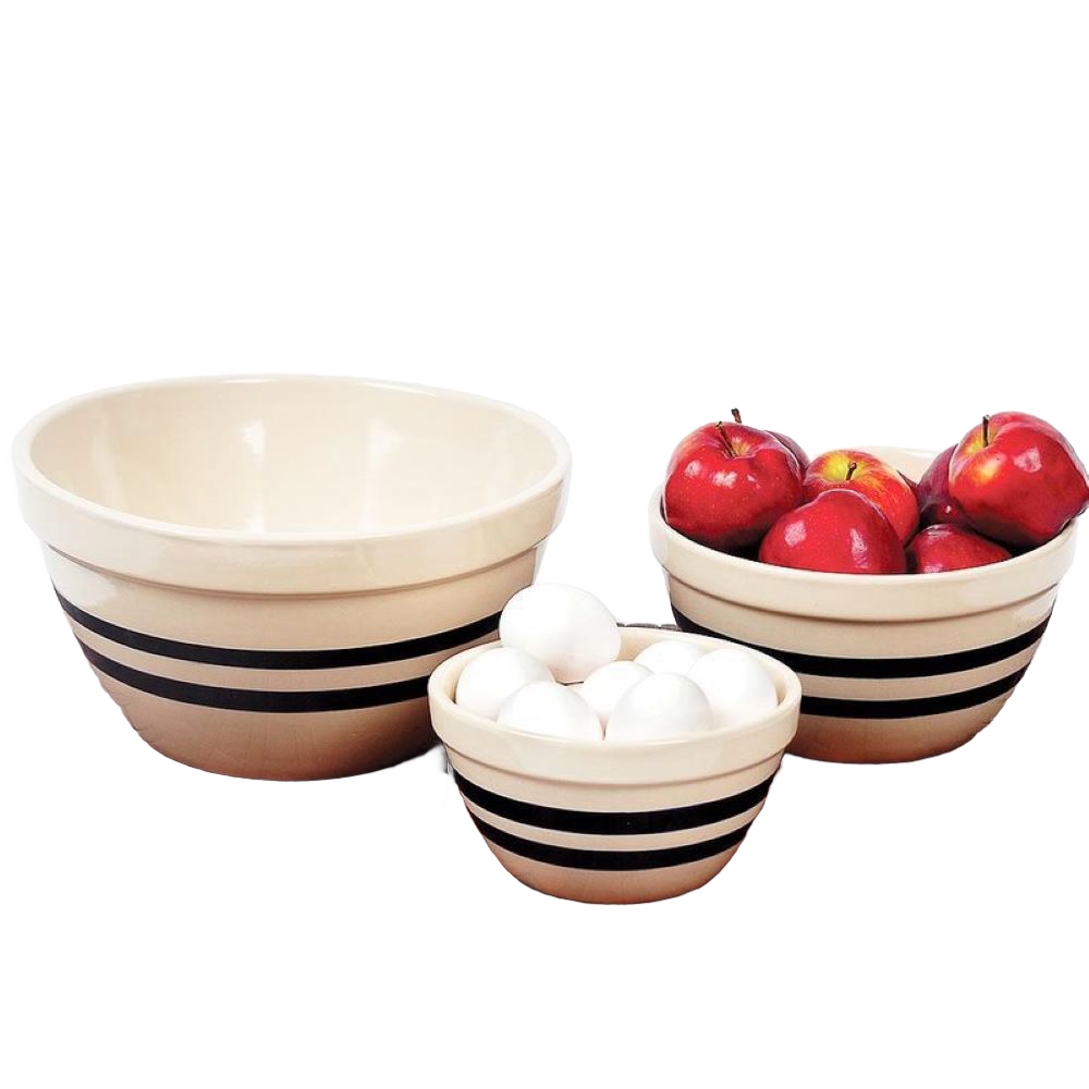 Set of three handcrafted stoneware shoulder bowls with classic black stripes, made in USA, perfect for mixing, baking, serving, and storage in Kitchen & Food, Cookware, and Baking Supplies collections.