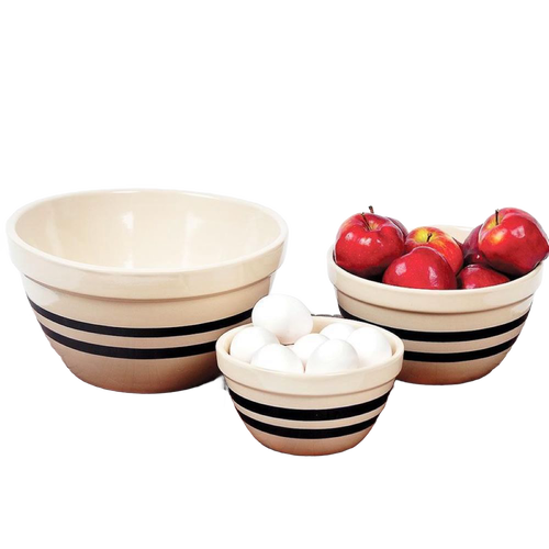 Set of three handcrafted stoneware shoulder bowls with classic black stripes, made in USA, perfect for mixing, baking, serving, and storage in Kitchen & Food, Cookware, and Baking Supplies collections.