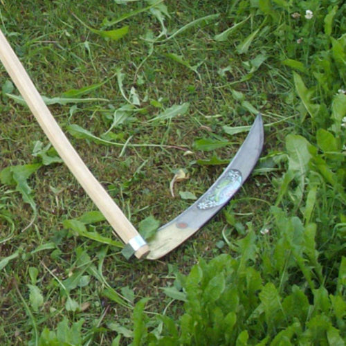 Handcrafted curved scythe blade featuring a distinctive pointed tip for efficient cutting through dense vegetation, ideal for Farm, Garden & Tool, Lawncare, and Best Sellers collections.