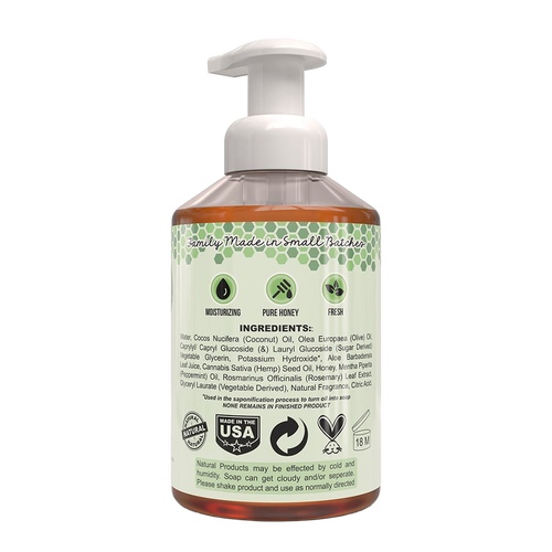 Back label of a handcrafted natural foaming hand soap featuring moisturizing honey and pure ingredients, made in small batches in the USA, ideal for Health & Wellness and Soaps collections.