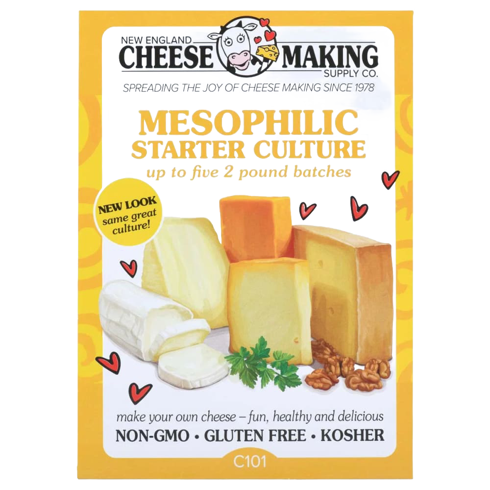 Bright yellow package of mesophilic starter culture for cheese making featuring illustrated cheese blocks, walnuts, and parsley, ideal for Kitchen & Food, Specialty Equipment, DIY Cheese and Yogurt, Best Sellers, and Promo Eligible collections.