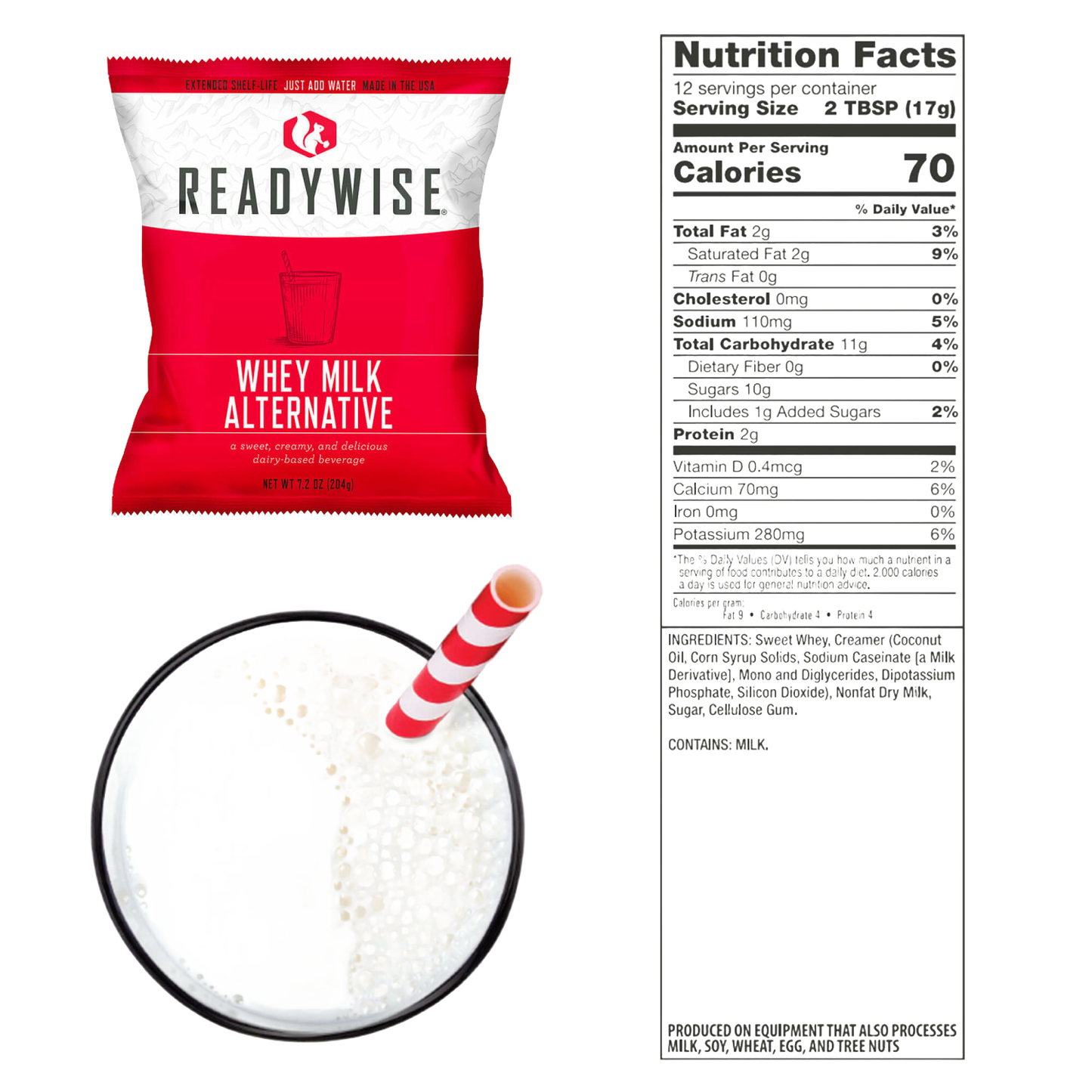 ReadyWise whey milk alternative pouch in red packaging alongside a glass of prepared creamy beverage with a red and white striped straw and detailed nutrition facts, featured in Pantry, Freeze Dried, Emergency Supplies, and USA Made collections.
