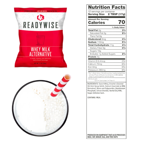 ReadyWise whey milk alternative pouch in red packaging alongside a glass of prepared creamy beverage with a red and white striped straw and detailed nutrition facts, featured in Pantry, Freeze Dried, Emergency Supplies, and USA Made collections.