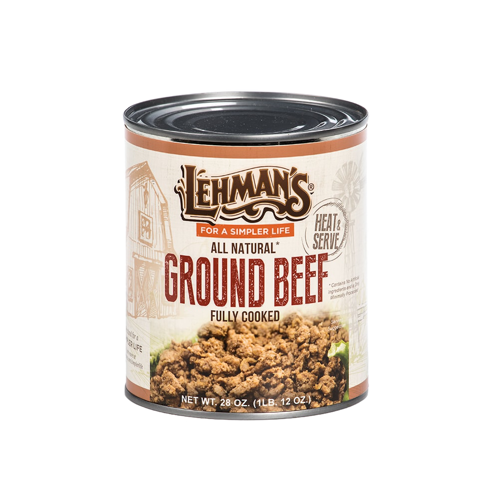 Can of Lehman's handcrafted all natural fully cooked ground beef with rustic label, ready to heat and enjoy, featured in Kitchen & Food, Food, Meats, Best Sellers, and Promo Eligible collections.