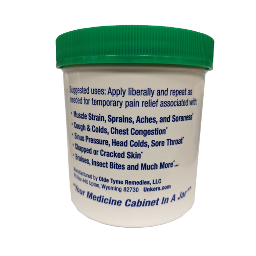 White container with green lid displaying usage instructions for temporary relief from muscle strain, soreness, colds, sinus pressure, skin issues, and insect bites, featured in Health & Wellness, Health Remedies, USA Made, Best Sellers, and Promo Eligible collections.