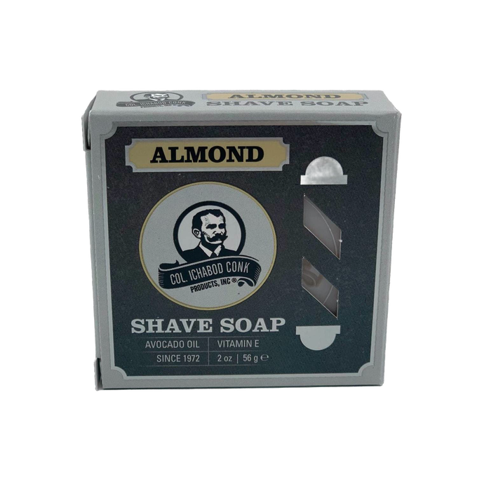 Small almond-scented shaving soap packaged in a box featuring avocado oil and vitamin E, handcrafted in USA, part of Health & Wellness, Grooming and Personal Hygiene, Soaps and Soapmaking, USA Made, Best Sellers, and Promo Eligible collections.
