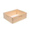 Handcrafted wooden bee box designed for beekeeping, featuring smooth natural wood, finger joint corners, and cutout handles, made in USA, ideal for farm and garden use.