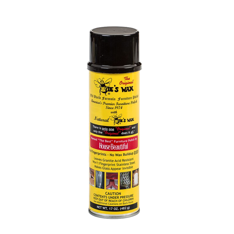 Yellow can of beeswax furniture polish with black cap, labeled to protect wood surfaces without residue, featured in Home & Decor, Household Cleaning, and USA Made collections.