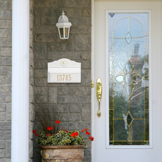 Handcrafted white and gold wall mount mailbox with personalized house number and monogram, made in USA, designed to enhance curb appeal in Home & Decor and Mailboxes and Address Signs collections.