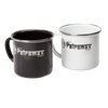 Pair of sturdy enamel mugs in black and white with metal rims and bold Petromax logo, ideal for Brewing Coffee and Tea, Camping, Kitchen & Food, and Dinnerware collections.